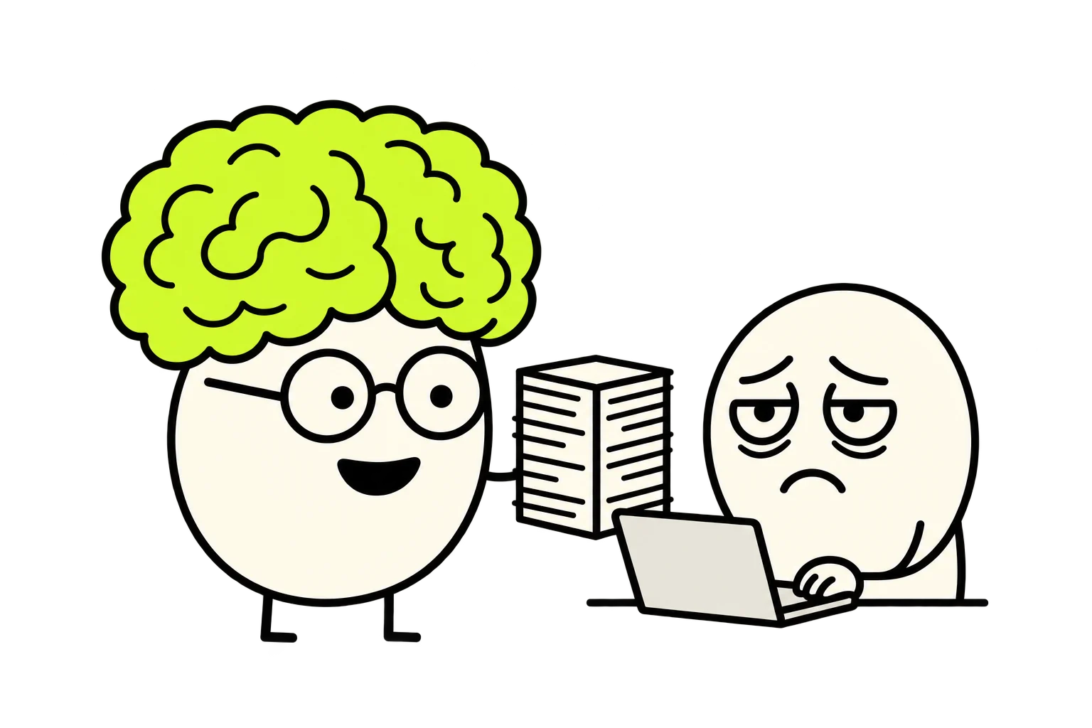 A cheerful lime-brained AI hands a stack of posts to an exhausted human at a laptop.